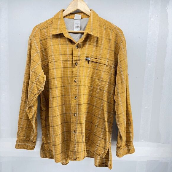 North Face Mens Large Yellow Button Up Shirt Plaid Long Sleeve Zip Pocket Shirt - Picture 1 of 5